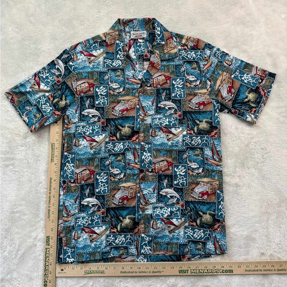 Vintage Pacific Legend Shirt Mens Medium Blue Hawaiian Aloha Palms Made In USA